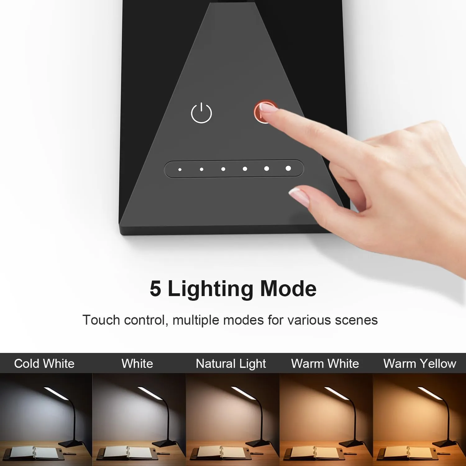 RAOYI LED Desk Lamp, 12W Dimmable Table Lamp Eye-Caring Reading Light with USB Charging Port, Touch Control, 5 Lighting Modes and 6-Level Brightness for Home Office Bedrooms (Black)