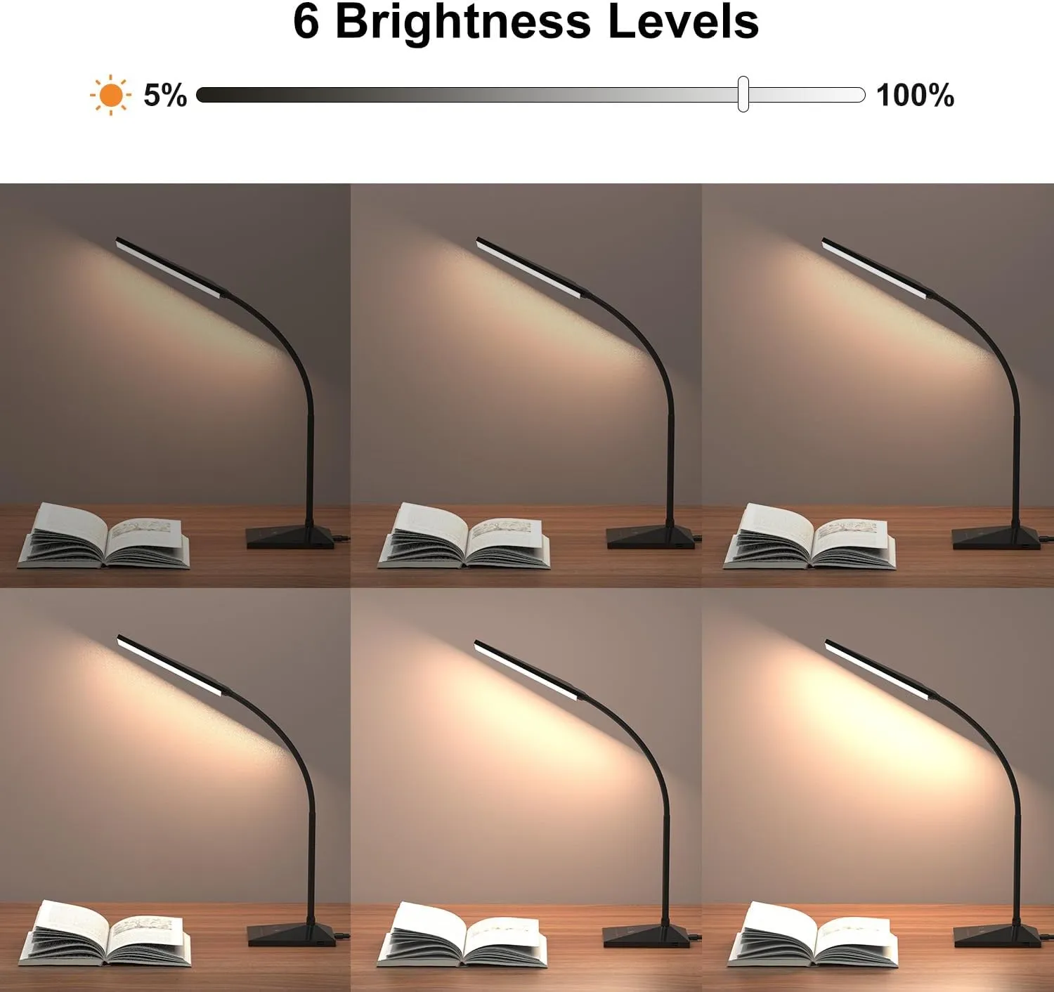 RAOYI LED Desk Lamp, 12W Dimmable Table Lamp Eye-Caring Reading Light with USB Charging Port, Touch Control, 5 Lighting Modes and 6-Level Brightness for Home Office Bedrooms (Black)