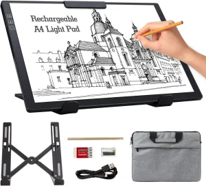 Rechargeable A4 Light Pad with Carry Bag & Stand,Ultra Thin Light Table with Clip,6 Levels of Brightness Light Box for tracing,Diamond Painting.led Light Board for Artists,Drawing,Sketching,Animation