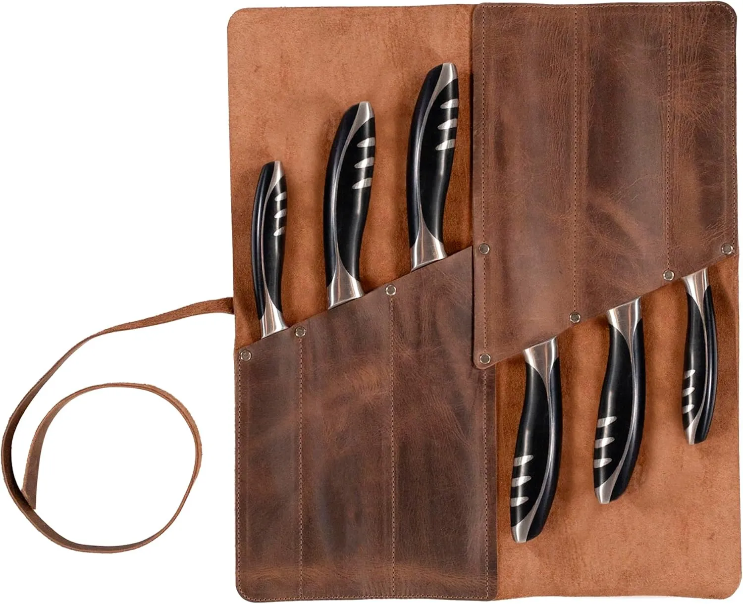Rectangular Knife Roll with 6 Slots, Portable Knife Organizer Case, Travel Bag, Cooking Accessory, Full Grain Leather, Handmade, Bourbon Brown