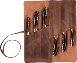 Rectangular Knife Roll with 6 Slots, Portable Knife Organizer Case, Travel Bag, Cooking Accessory, Full Grain Leather, Handmade, Bourbon Brown