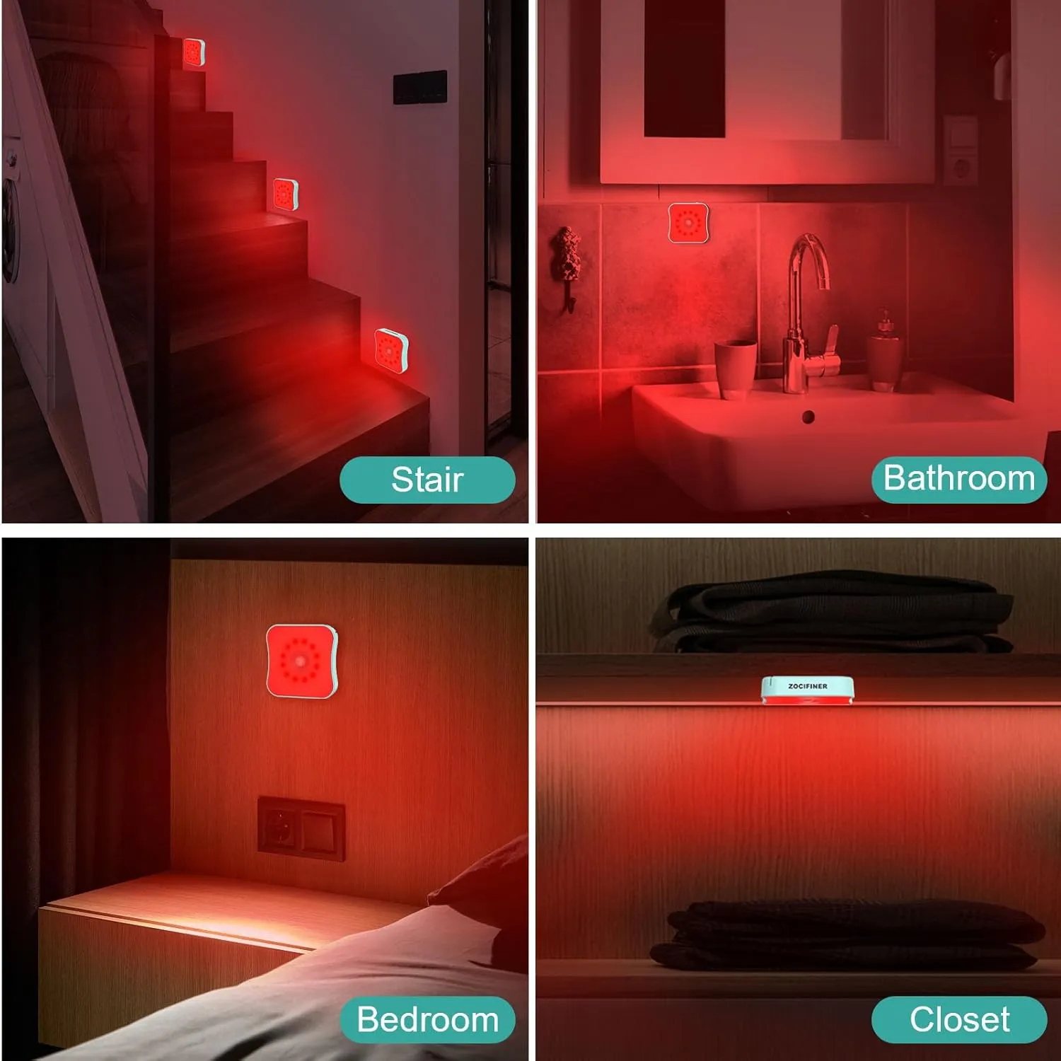 Red Motion Sensor Night Lights, Rechargeable Battery Operated Red Light for Sleep, Stick On Magnetic RedLight Night Lights for Bathroom, Bedroom, Sleep Aid, Stair, 4Pack