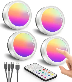 RGB Rechargeable Puck Lights With Remote, 1600mAh Battery Operated Tap Lights, Stick On LED Under Cabinet USB Magnetic Classroom Colored Push Closet Touch Counter Press Button