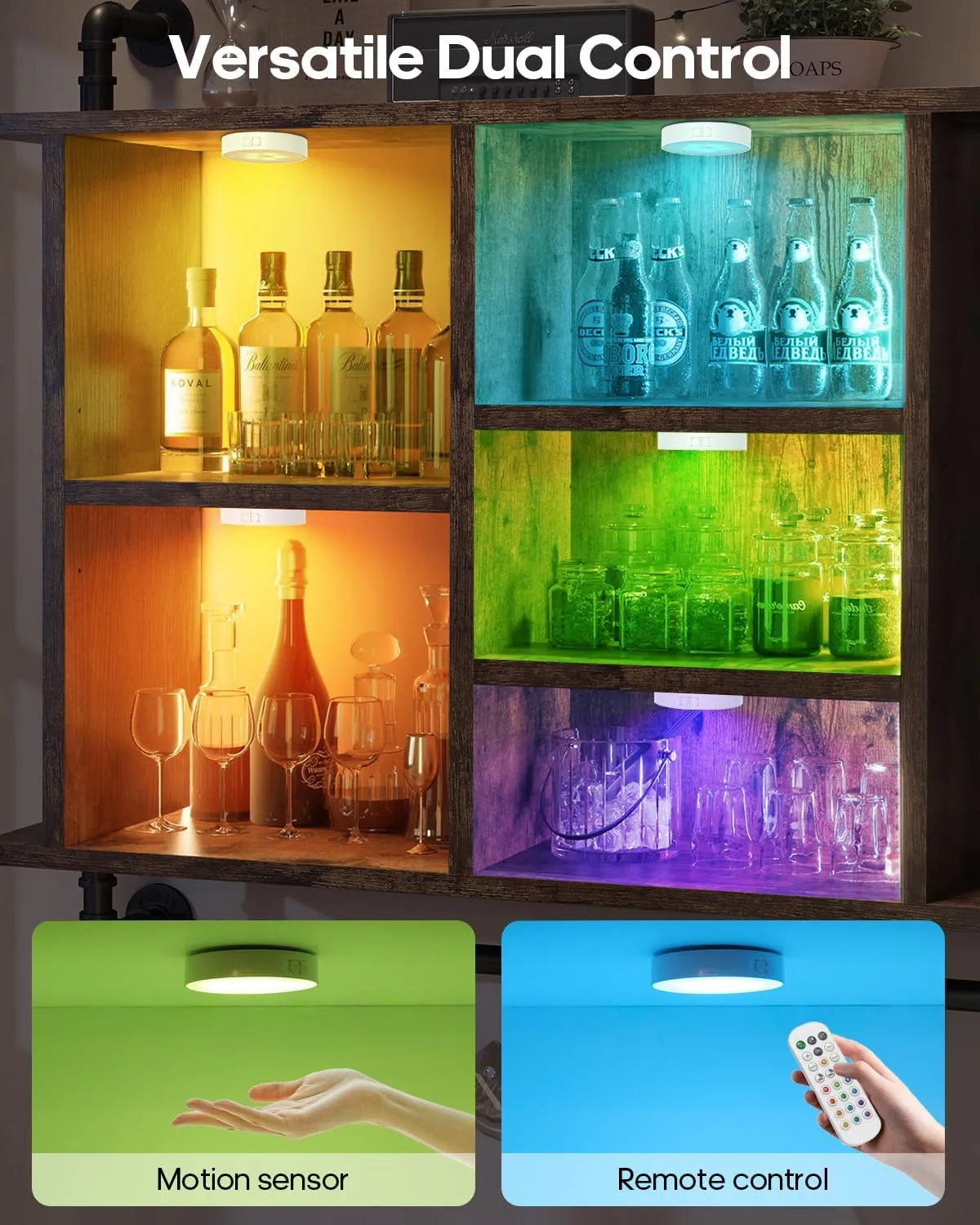 RGB Under Cabinet Lighting, LED Rechargeable Puck Lights with Remote, 13 Color Motion Sensor Lights Indoor, Dimmable Closet Lights Under Counter Lights for Shelf, Bedroom, Kitchen