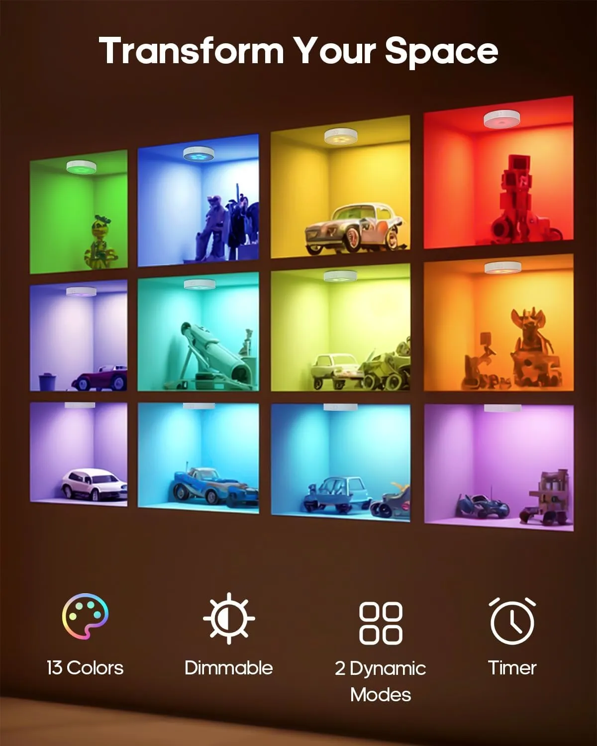 RGB Under Cabinet Lighting, LED Rechargeable Puck Lights with Remote, 13 Color Motion Sensor Lights Indoor, Dimmable Closet Lights Under Counter Lights for Shelf, Bedroom, Kitchen
