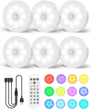 RGB Under Cabinet Lighting, LED Rechargeable Puck Lights with Remote, 13 Color Motion Sensor Lights Indoor, Dimmable Closet Lights Under Counter Lights for Shelf, Bedroom, Kitchen