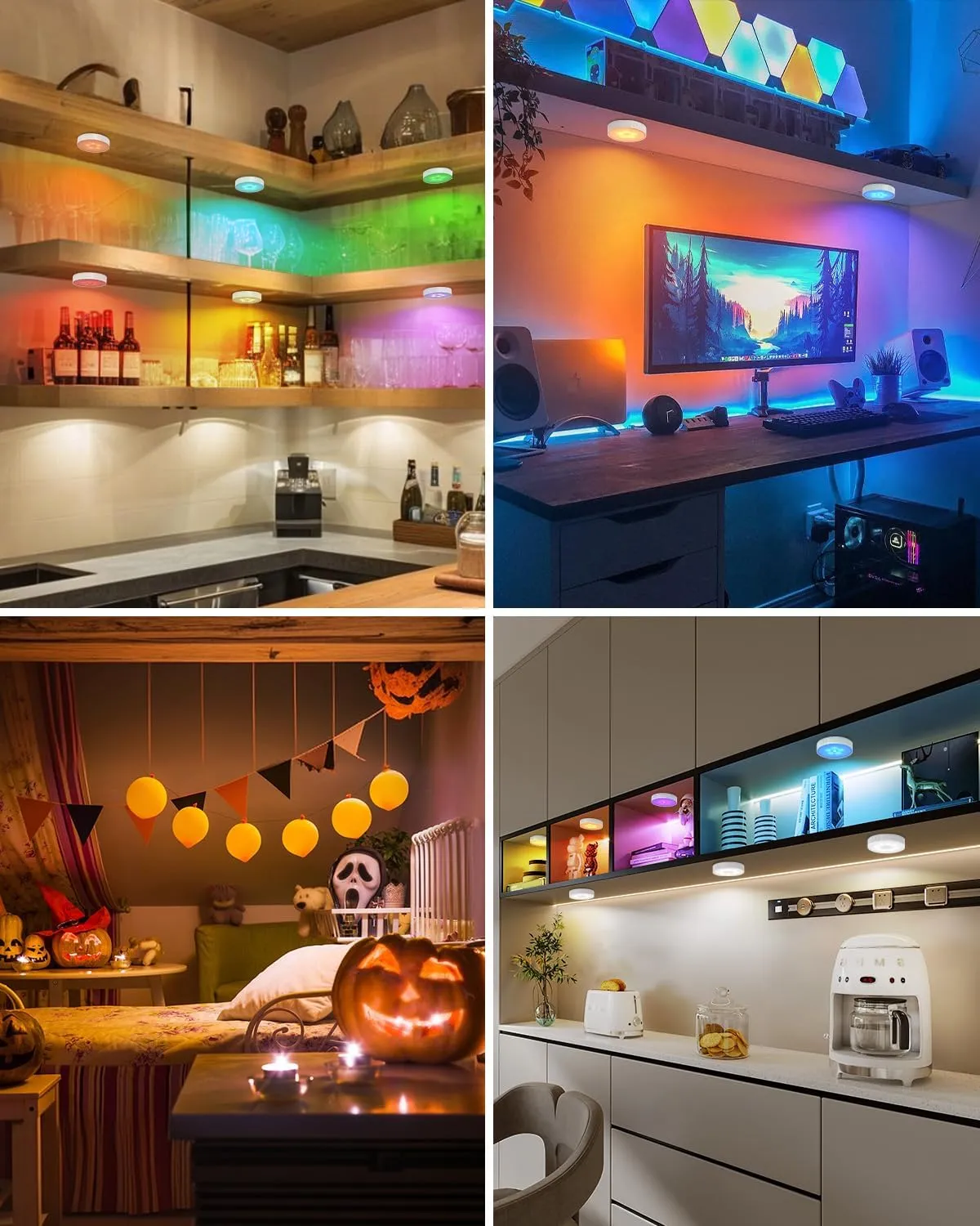 RGB Under Cabinet Lighting, LED Rechargeable Puck Lights with Remote, 13 Color Motion Sensor Lights Indoor, Dimmable Closet Lights Under Counter Lights for Shelf, Bedroom, Kitchen