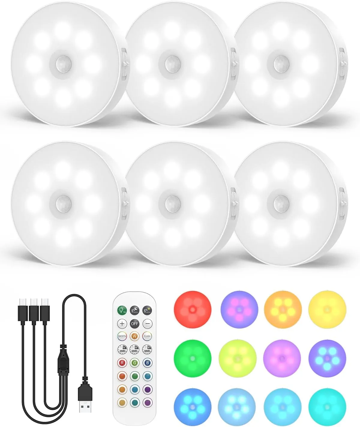 RGB Under Cabinet Lighting, LED Rechargeable Puck Lights with Remote, 13 Color Motion Sensor Lights Indoor, Dimmable Closet Lights Under Counter Lights for Shelf, Bedroom, Kitchen