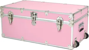 Rhino Trunk & Case Large Essential Summer Camp Trunk with Wheels - Camping Storage Chest - Ideal Footlocker for Campers - Strong 1000  Pound Sitting Capacity Trunks 32"x18"x14" (Pink)