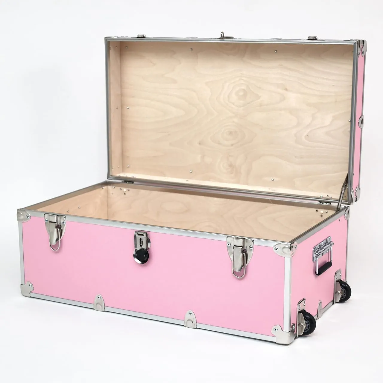 Rhino Trunk & Case Large Essential Summer Camp Trunk with Wheels - Camping Storage Chest - Ideal Footlocker for Campers - Strong 1000  Pound Sitting Capacity Trunks 32"x18"x14" (Pink)