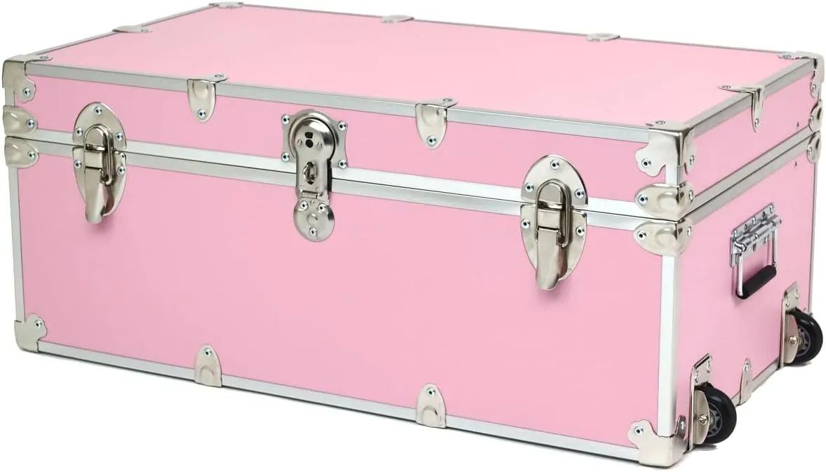Rhino Trunk & Case Large Essential Summer Camp Trunk with Wheels - Camping Storage Chest - Ideal Footlocker for Campers - Strong 1000  Pound Sitting Capacity Trunks 32"x18"x14" (Pink)