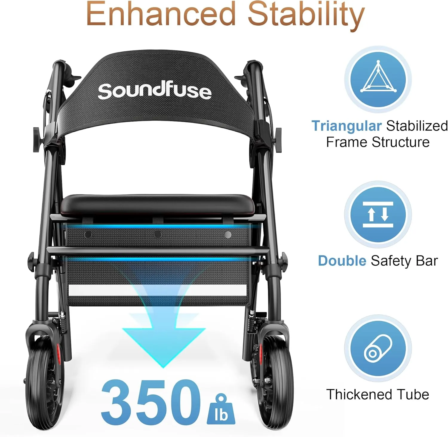 Rollator Walkers with Seat for Seniors, Foldable 8" Big Wheels All Terrain Rolling Walker, Handles and Ergonomic Seat Height Adjustable, 350 lb, FSA HSA Eligible
