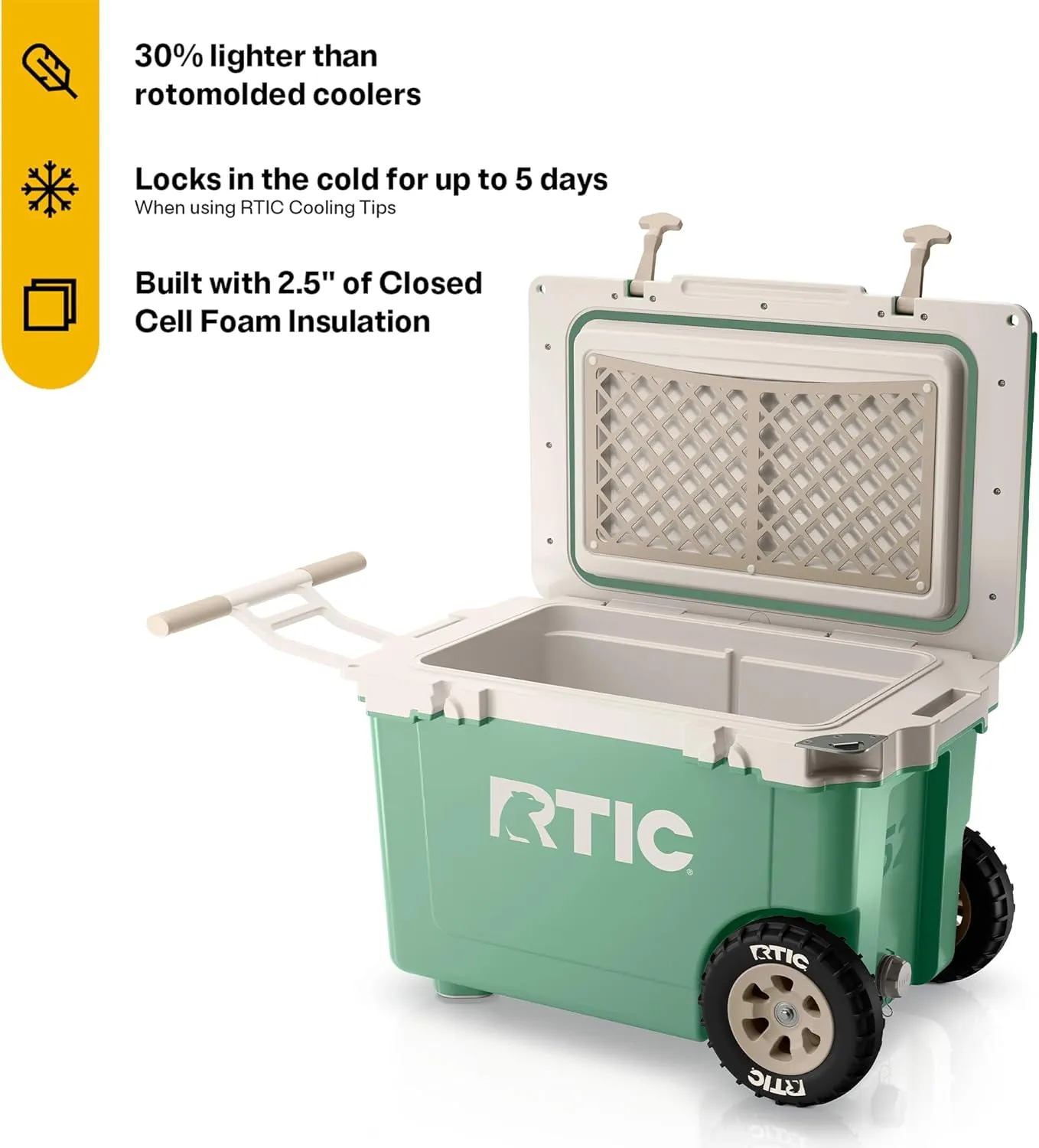 RTIC 52 Quart Ultra-Light Wheeled Hard Cooler Insulated Portable Ice Chest Box for Beach, Drink, Beverage, Camping, Picnic, Fishing, Boat, Barbecue, 30% Lighter Than Rotomolded Coolers