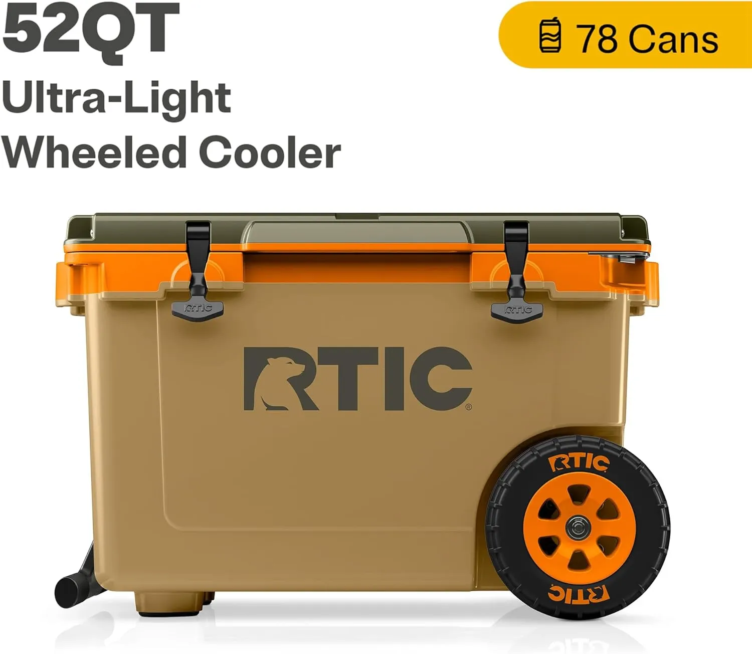 RTIC 52 Quart Ultra-Light Wheeled Hard Cooler Insulated Portable Ice Chest Box for Beach, Drink, Beverage, Camping, Picnic, Fishing, Boat, Barbecue, 30% Lighter Than Rotomolded Coolers