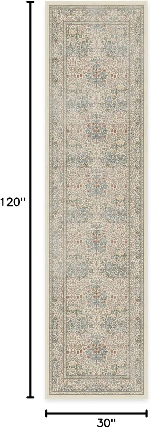 Ruggable x Morris & Co Washable 2x10 Runner Rug, Blackthorn Ivory Blue, Premium Rugs for Hallway, Kitchen, Entryway, Living Room, Bedroom, Office with Gripper Non Slip Pad