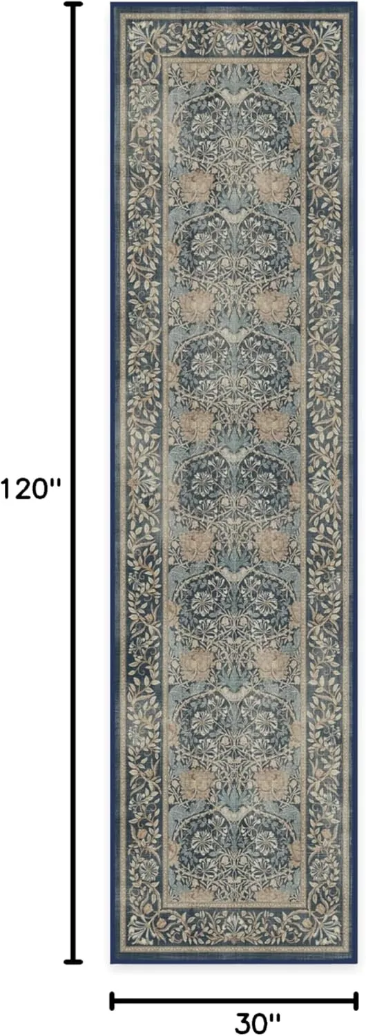 Ruggable x Morris & Co Washable 2x10 Runner Rug, Honeysuckle & Tulip Blue, Premium Rugs for Hallway, Kitchen, Entryway, Living Room, Bedroom, Office with Gripper Non Slip Pad