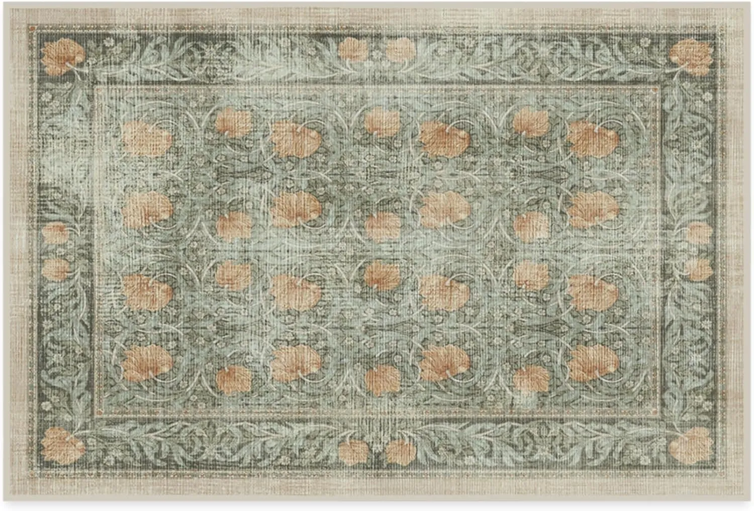Ruggable x Morris & Co Washable 2x3 Area Rug, Pimpernel Vintage Green, Premium Rugs for Living Room, Bedroom, Kitchen, Office, Classroom with Gripper Non Slip Pad