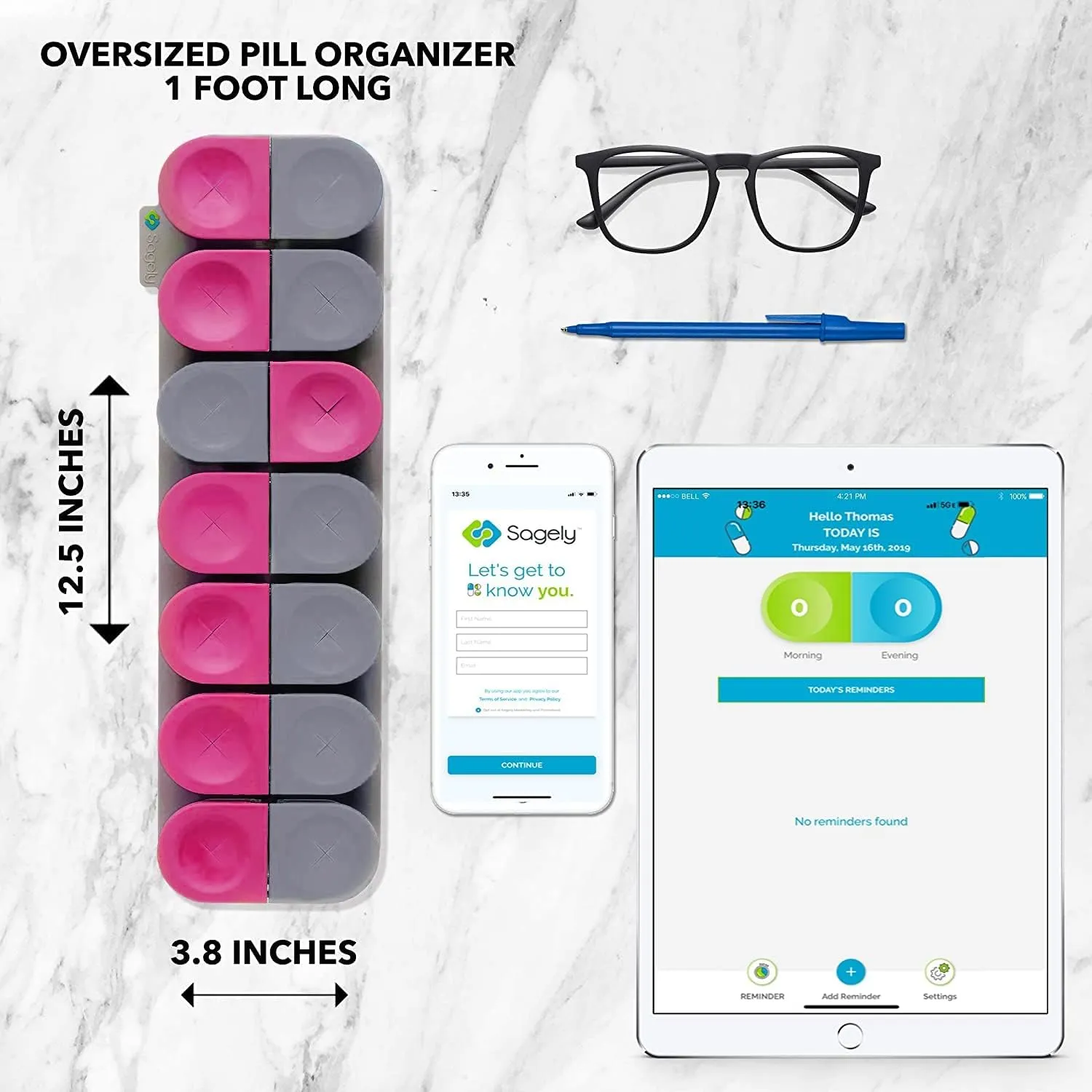 Sagely SMART XL Weekly Pill Organizer - extra large 7 day AM/PM Pill Box 2 Times a Day with Free Reminder App (Large Enough to Fit Fish Oil, Cod Liver Oil, Vitamin D Supplements & Vitamins)(Pink/Gray)