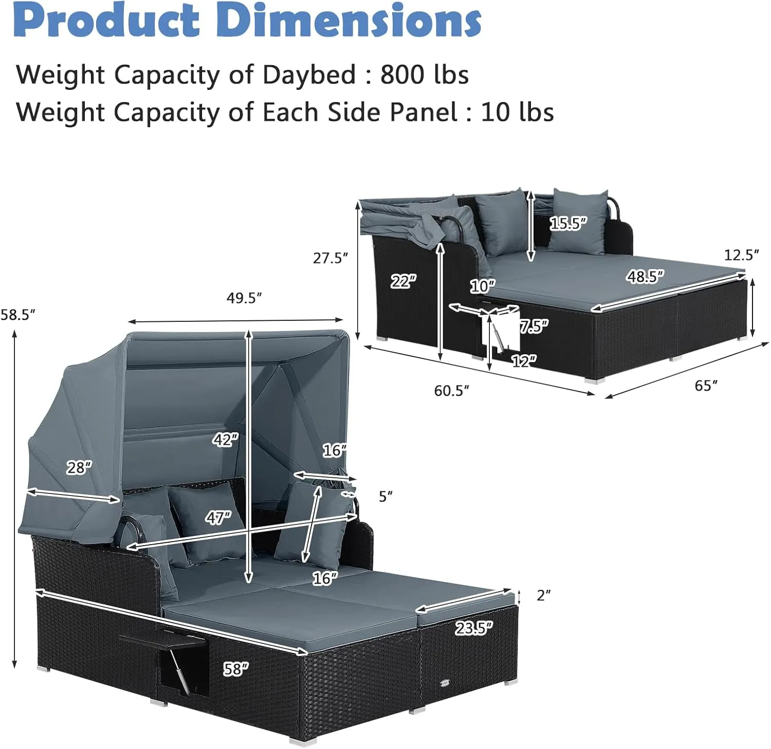Salches Outdoor Rattan Daybed with Retractable Canopy, High-Resilient Soft Cushions, Foldable Side Trays, Outdoor Bed Loveseat for Garden, Backyard, Porch (Gray)