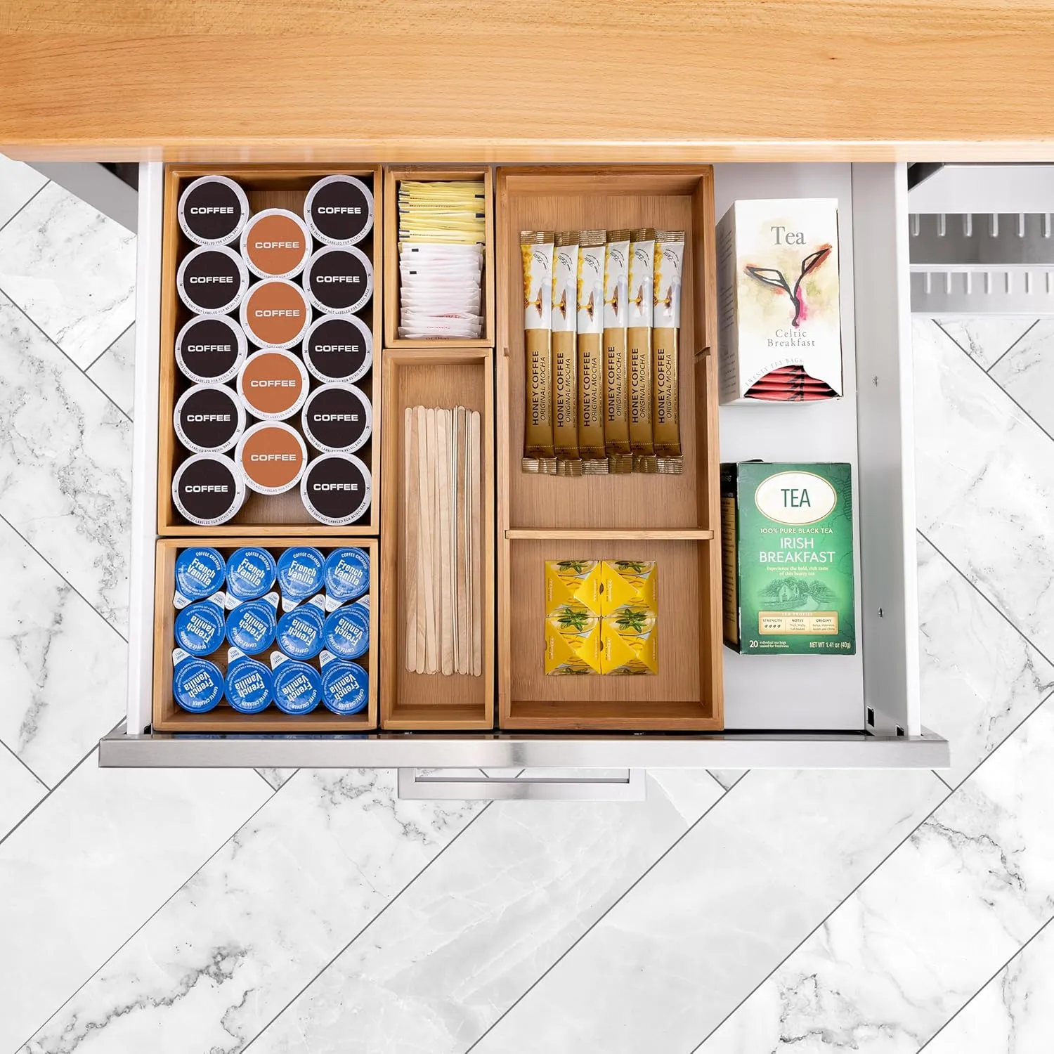 Seville Classics Bamboo Premium Organizer Storage Bins for Kitchen Silverware, Pantry, Closet, Office Desk, Pens, Utensils, Makeup, K Cup, Bamboo, Bin Set w/Dividers (5 Piece)