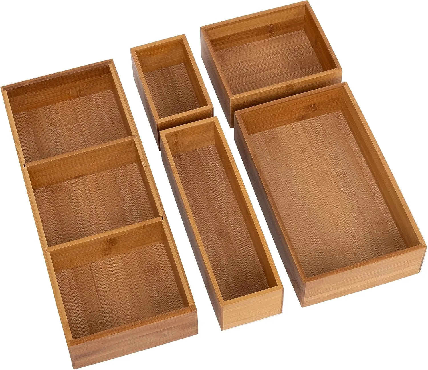 Seville Classics Bamboo Premium Organizer Storage Bins for Kitchen Silverware, Pantry, Closet, Office Desk, Pens, Utensils, Makeup, K Cup, Bamboo, Bin Set w/Dividers (5 Piece)