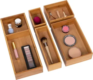 Seville Classics Bamboo Premium Organizer Storage Bins for Kitchen Silverware, Pantry, Closet, Office Desk, Pens, Utensils, Makeup, K Cup, Bamboo, Bin Set w/Dividers (5 Piece)