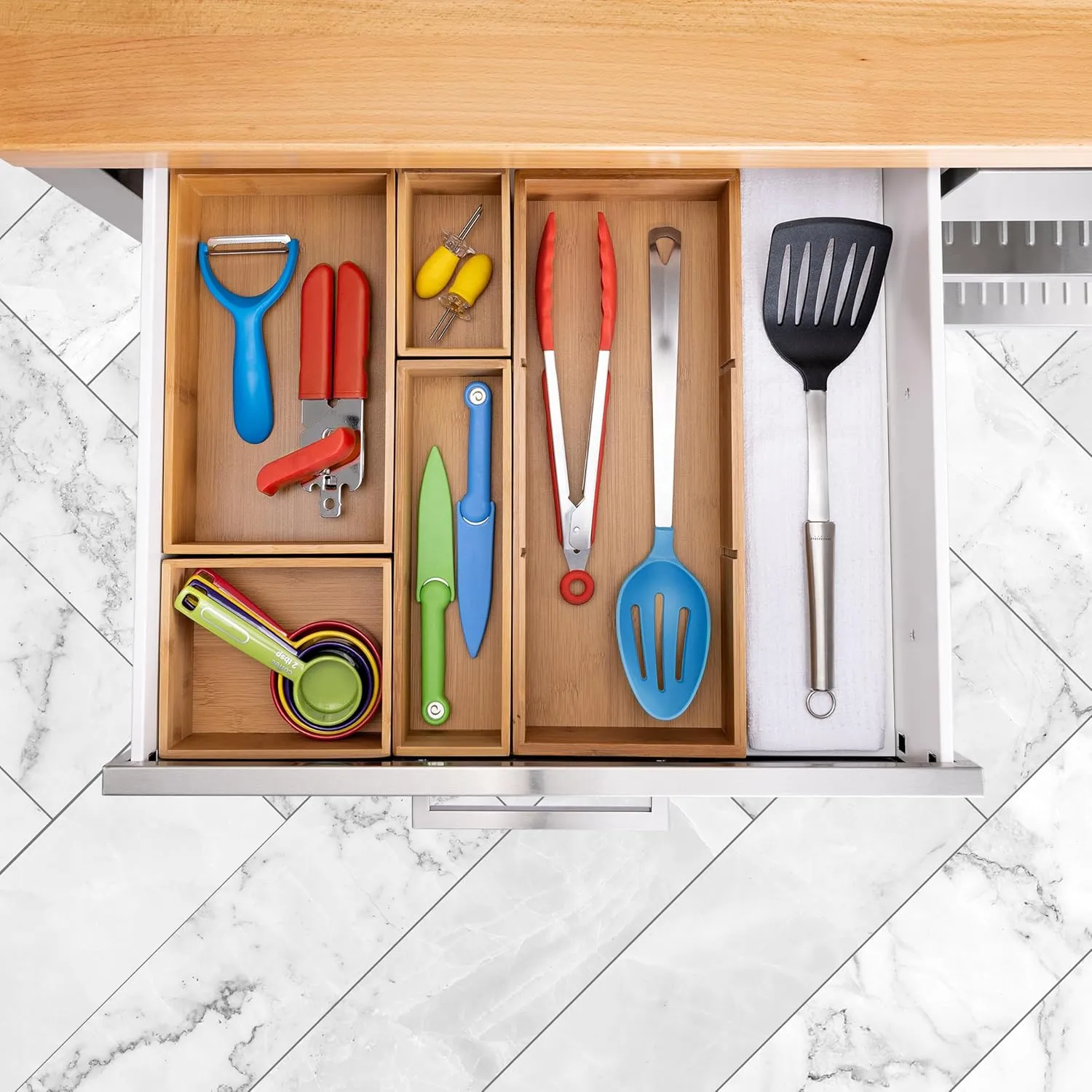 Seville Classics Bamboo Premium Organizer Storage Bins for Kitchen Silverware, Pantry, Closet, Office Desk, Pens, Utensils, Makeup, K Cup, Bamboo, Bin Set w/Dividers (5 Piece)