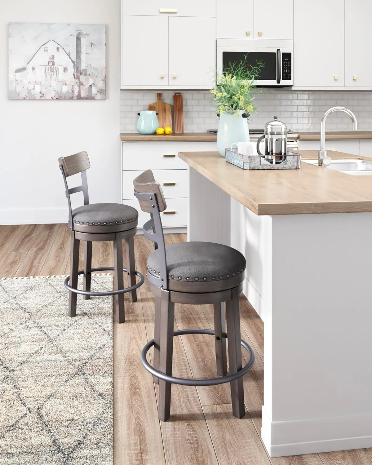 Signature Design by Ashley Caitbrook 24" Farmhouse Counter Height Upholstered Swivel Barstool, Gray