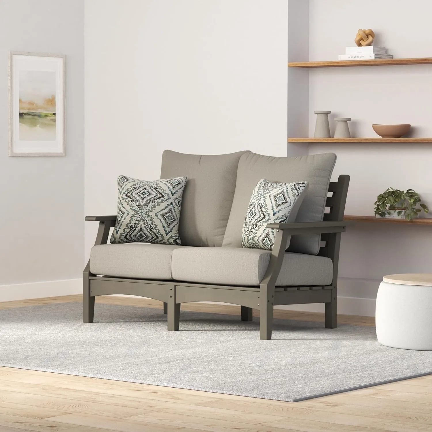 Signature Design by Ashley Outdoor Visola Patio HDPE Loveseat with Nuvella Throw Pillows, Gray