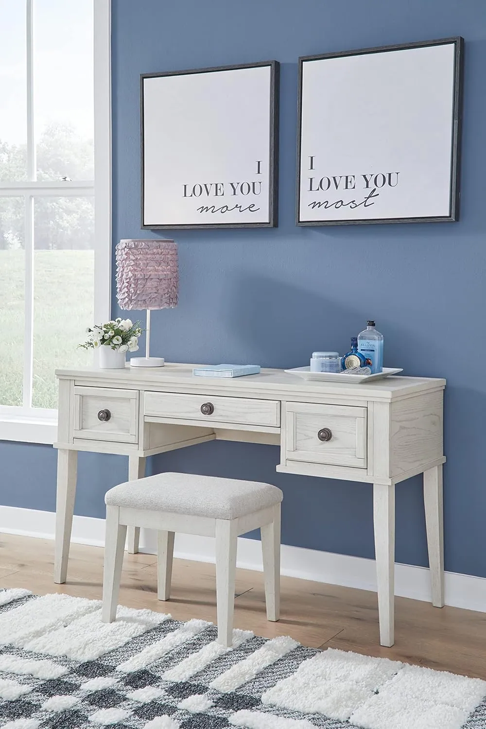 Signature Design by Ashley Robbinsdale Casual Vanity with 3 Drawers & Upholstered Cushioned Stool, Whitewash