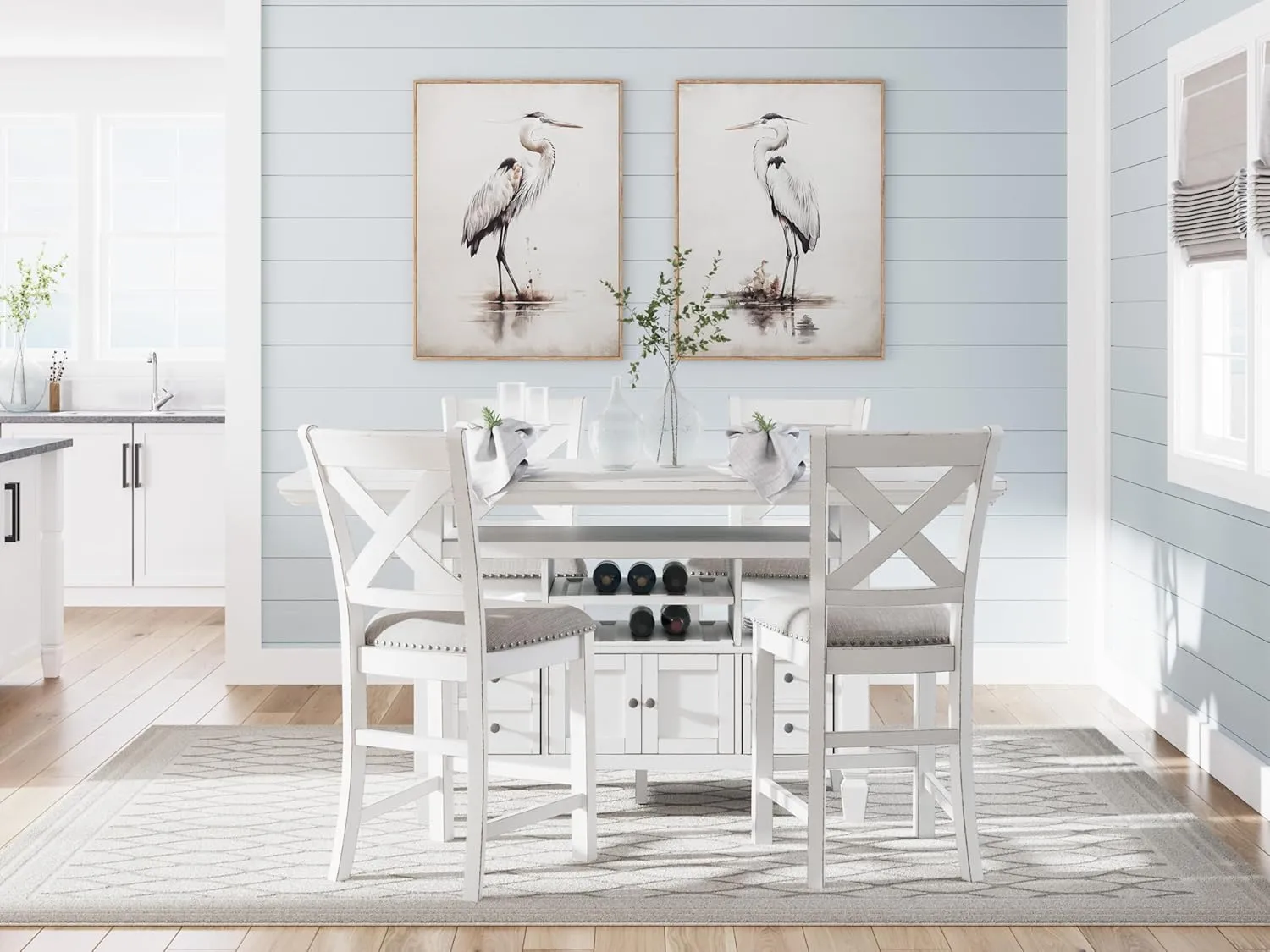 Signature Design by Ashley Robbinsdale Farmhouse Armless 24.75" Counter Height Upholstered Bar Stool with Foot Rest, Set of 2, White & Light Gray