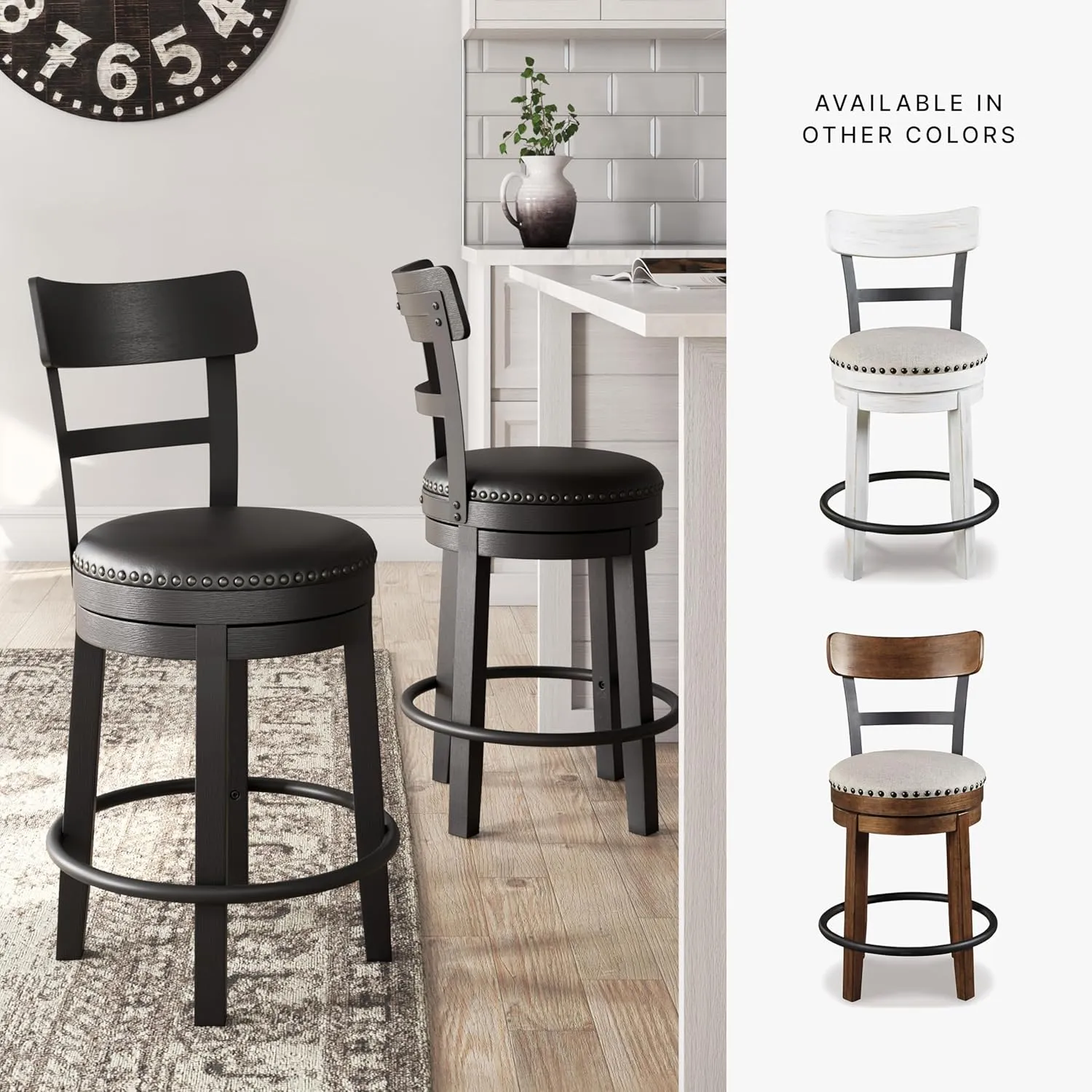 Signature Design by Ashley Valebeck 30.38" Casual Pub Height Upholstered Swivel Barstool, Black