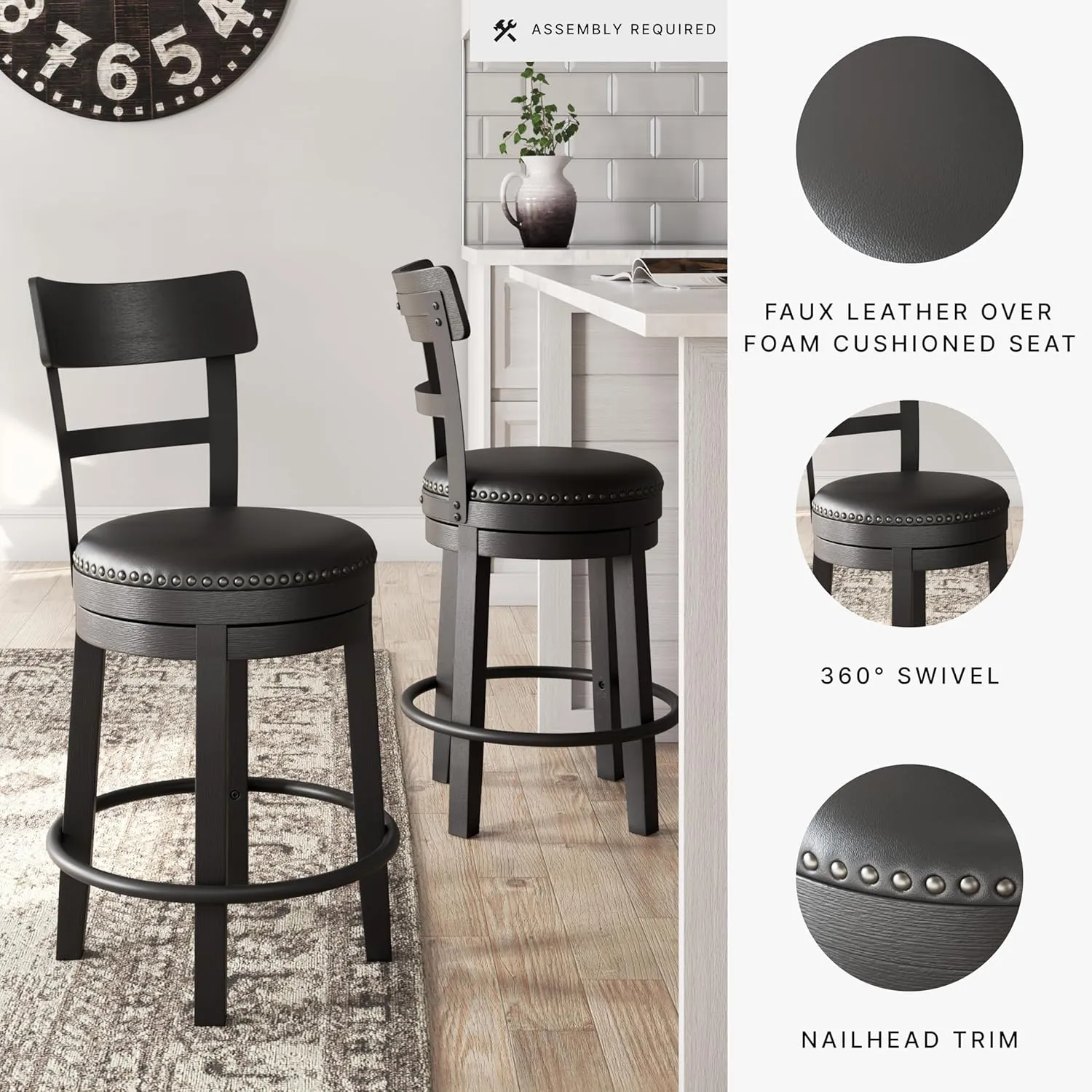 Signature Design by Ashley Valebeck 30.38" Casual Pub Height Upholstered Swivel Barstool, Black