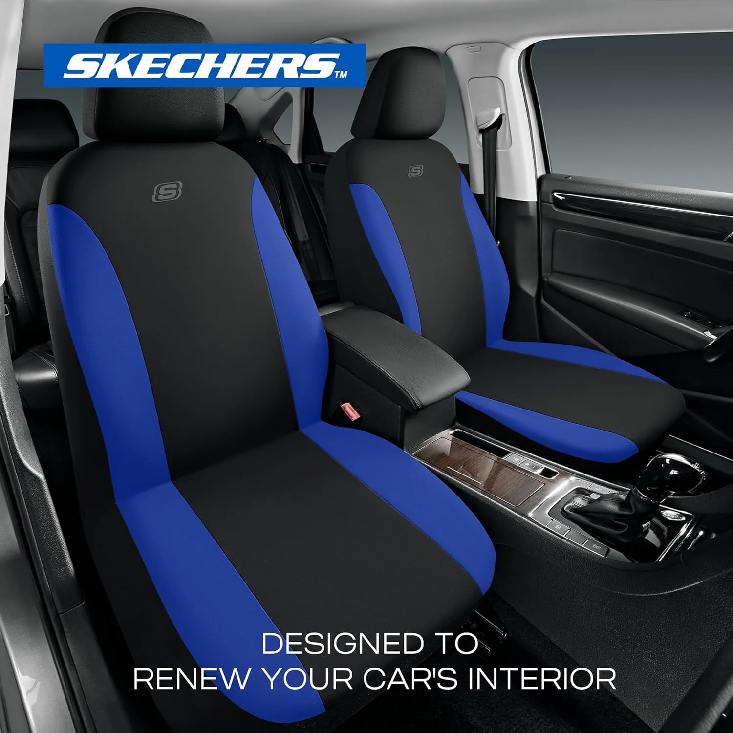 Skechers Car Seat Covers, Premium Breathable Polyester Seat Covers, Car Seat Covers Front Seats Airbag Compatible, Automotive Comfort & Protection for Most Cars, Vans, Trucks, SUVs (Two Front, Blue)