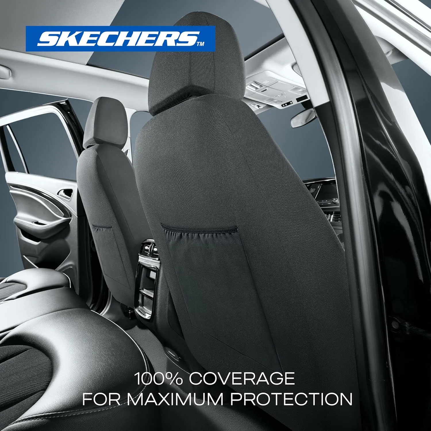 Skechers Car Seat Covers, Premium Breathable Polyester Seat Covers, Car Seat Covers Front Seats Airbag Compatible, Automotive Comfort & Protection for Most Cars, Vans, Trucks, SUVs (Two Front, Blue)