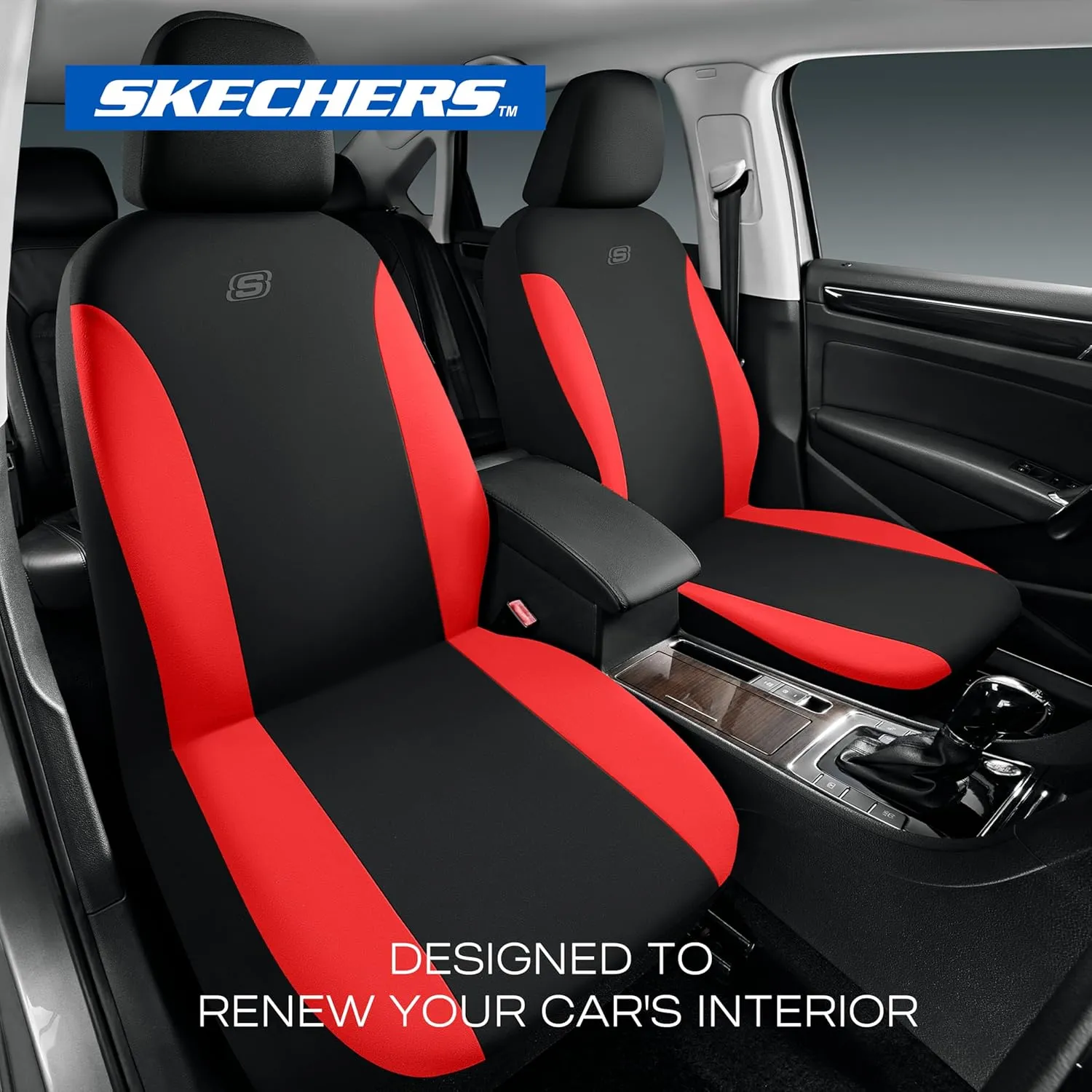 Skechers Car Seat Covers, Premium Breathable Polyester Seat Covers, Car Seat Covers Full Set Airbag Compatible, Automotive Comfort & Protection for Most Cars, Vans, Trucks, SUVs (Full Set, Red)