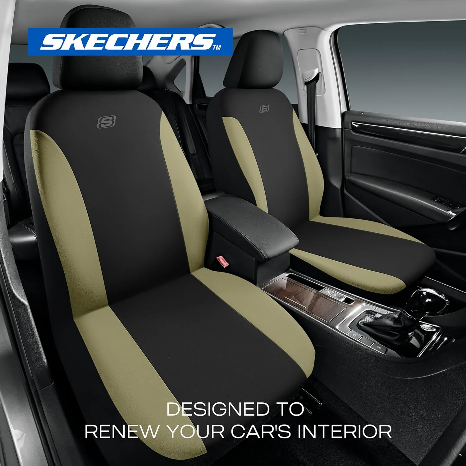 Skechers Car Seat Covers, Premium Breathable Polyester Seat Covers, Car Seat Covers Full Set Airbag Compatible, Automotive Comfort & Protection for Most Cars, Vans, Trucks, SUVs (Full Set,Beige)