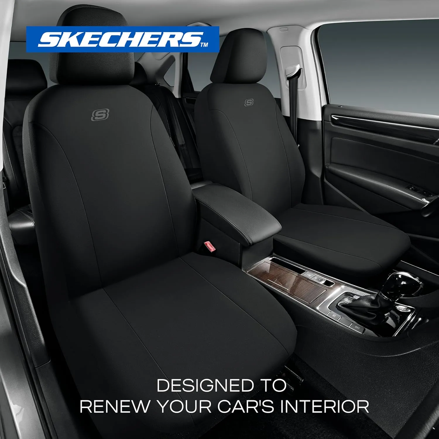 Skechers Car Seat Covers, Premium Breathable Polyester Seat Covers, Car Seat Covers Full Set Airbag Compatible, Automotive Comfort & Protection for Most Cars, Vans, Trucks, SUVs (Full Set,Black)