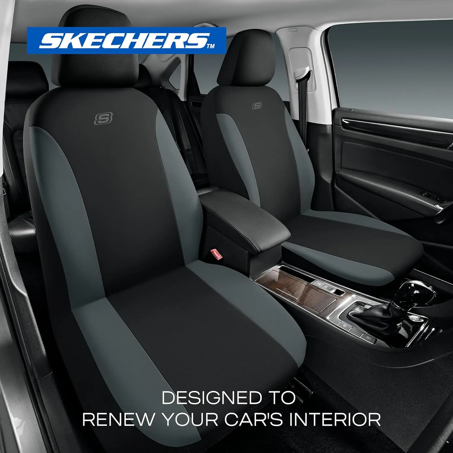 Skechers Car Seat Covers, Premium Breathable Polyester Seat Covers, Car Seat Covers Full Set Airbag Compatible, Automotive Comfort & Protection for Most Cars, Vans, Trucks, SUVs (Full Set,Grey)