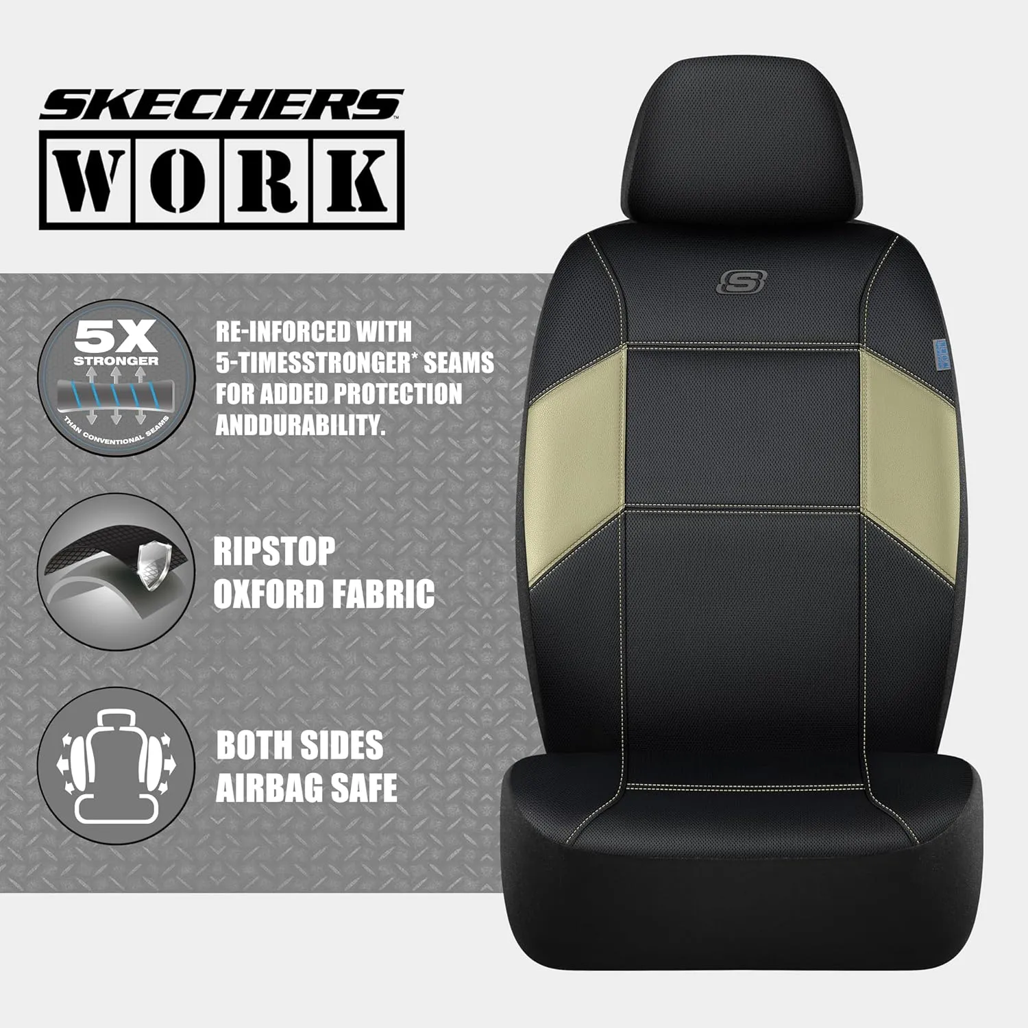 Skechers Work Car Seat Covers, 5-Times Stronger Built-in Webbing Seat Cover Full Set, Mesh Fabric Seat Cover for Car, Airbag Compatible, Automotive Comfort for Most Cars, Trucks, SUVs (Beige,Full Set)