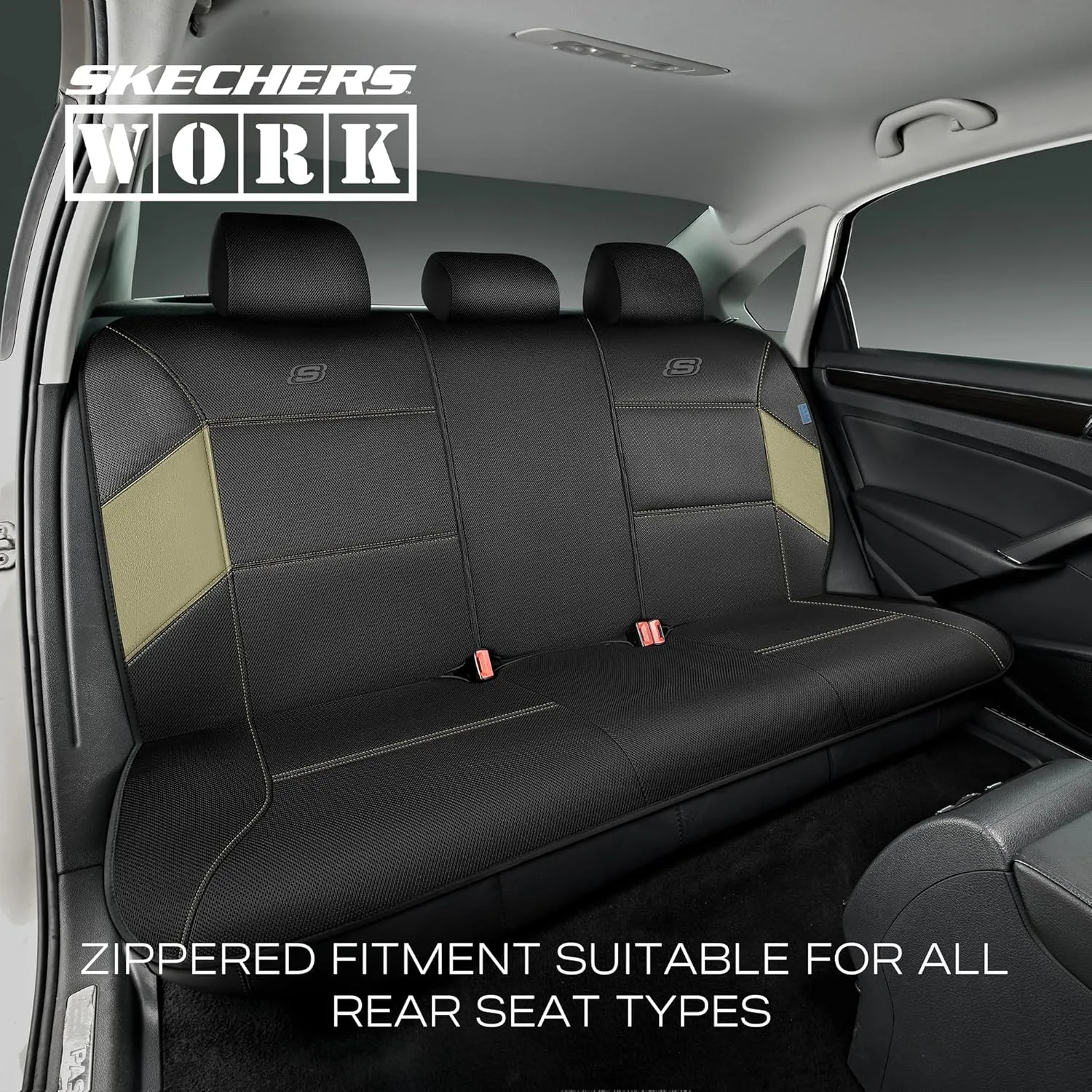 Skechers Work Car Seat Covers, 5-Times Stronger Built-in Webbing Seat Cover Full Set, Mesh Fabric Seat Cover for Car, Airbag Compatible, Automotive Comfort for Most Cars, Trucks, SUVs (Beige,Full Set)