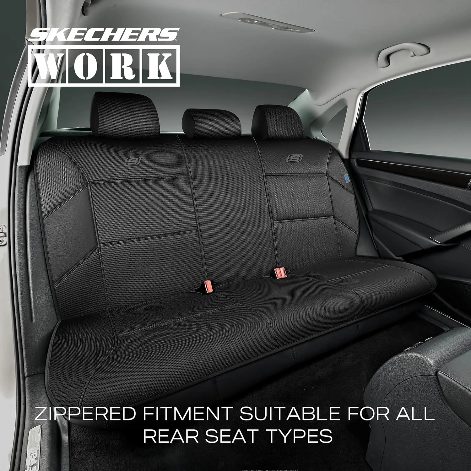 Skechers Work Car Seat Covers, 5-Times Stronger Built-in Webbing Seat Cover Full Set, Mesh Fabric Seat Cover for Car, Airbag Compatible, Automotive Comfort for Most Cars, Trucks, SUVs (Black,Full Set)