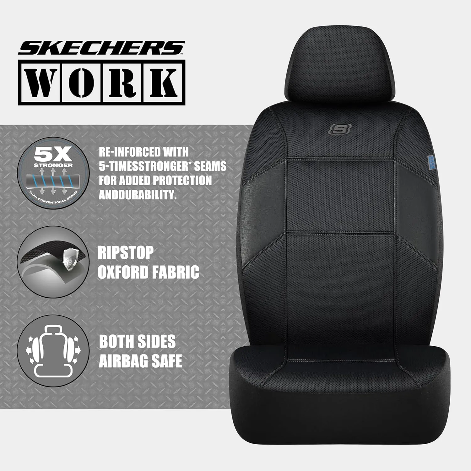 Skechers Work Car Seat Covers, 5-Times Stronger Built-in Webbing Seat Cover Full Set, Mesh Fabric Seat Cover for Car, Airbag Compatible, Automotive Comfort for Most Cars, Trucks, SUVs (Black,Full Set)
