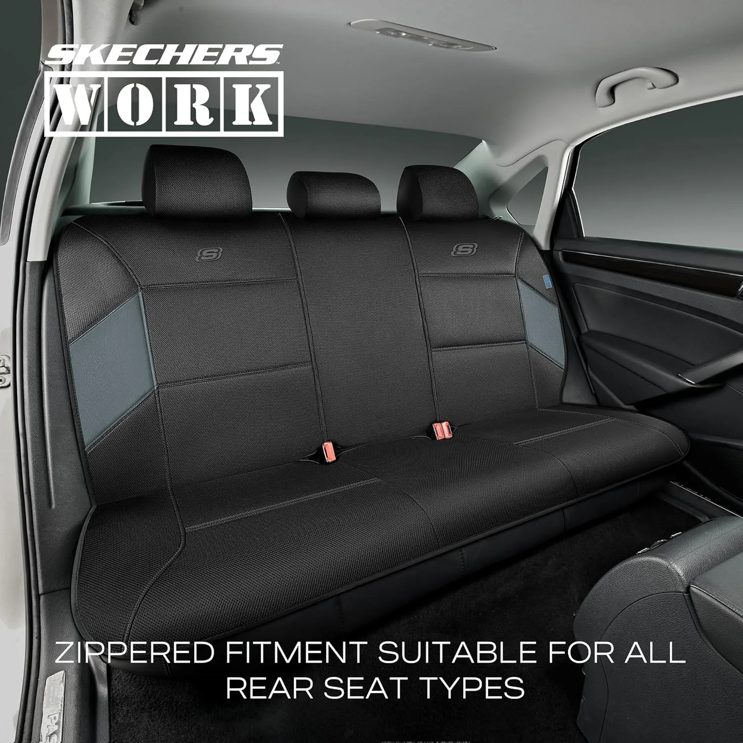 Skechers Work Car Seat Covers, 5-Times Stronger Built-in Webbing Seat Cover Full Set, Mesh Fabric Seat Cover for Car, Airbag Compatible, Automotive Comfort for Most Cars, Trucks, SUVs (Grey,Full Set)