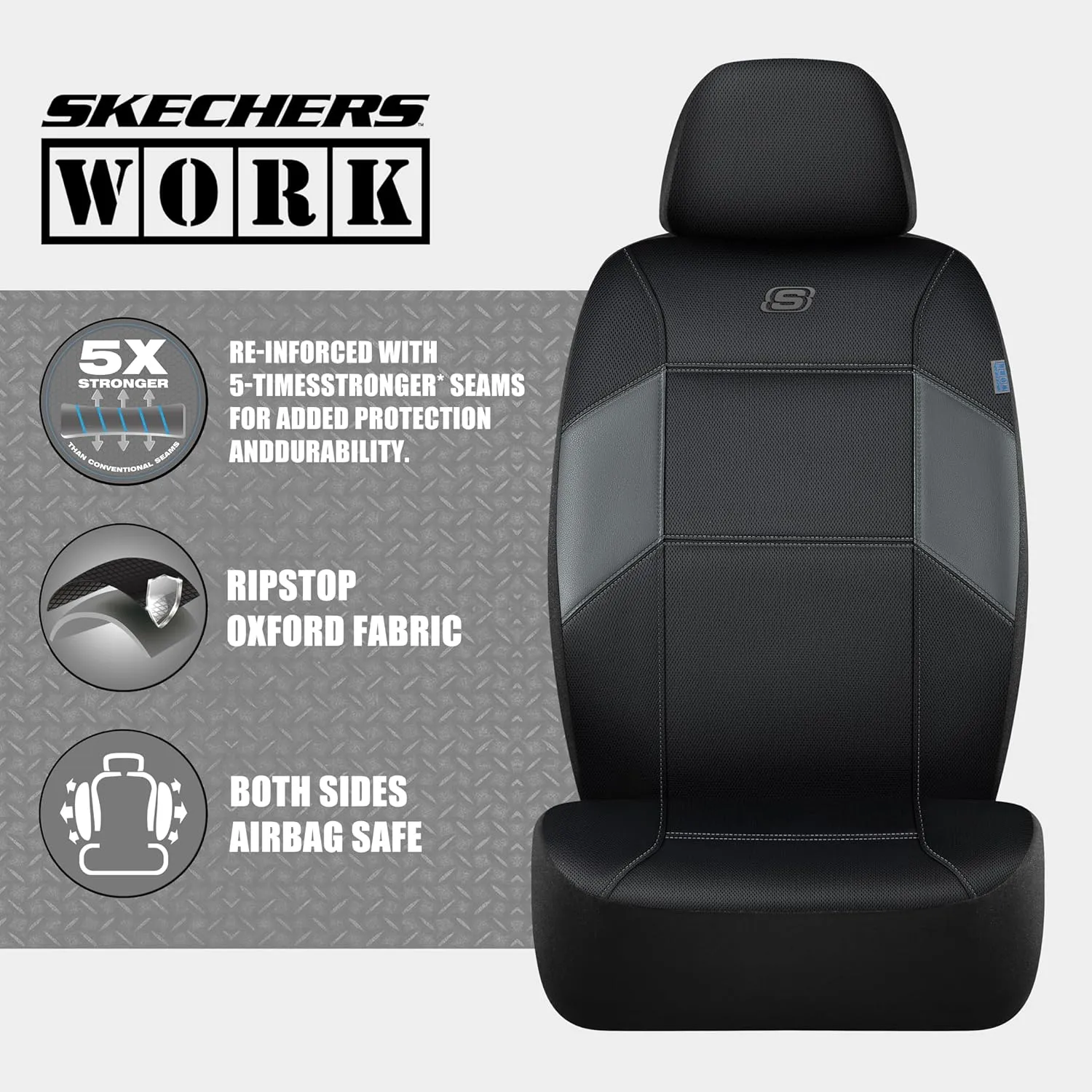 Skechers Work Car Seat Covers, 5-Times Stronger Built-in Webbing Seat Cover Full Set, Mesh Fabric Seat Cover for Car, Airbag Compatible, Automotive Comfort for Most Cars, Trucks, SUVs (Grey,Full Set)