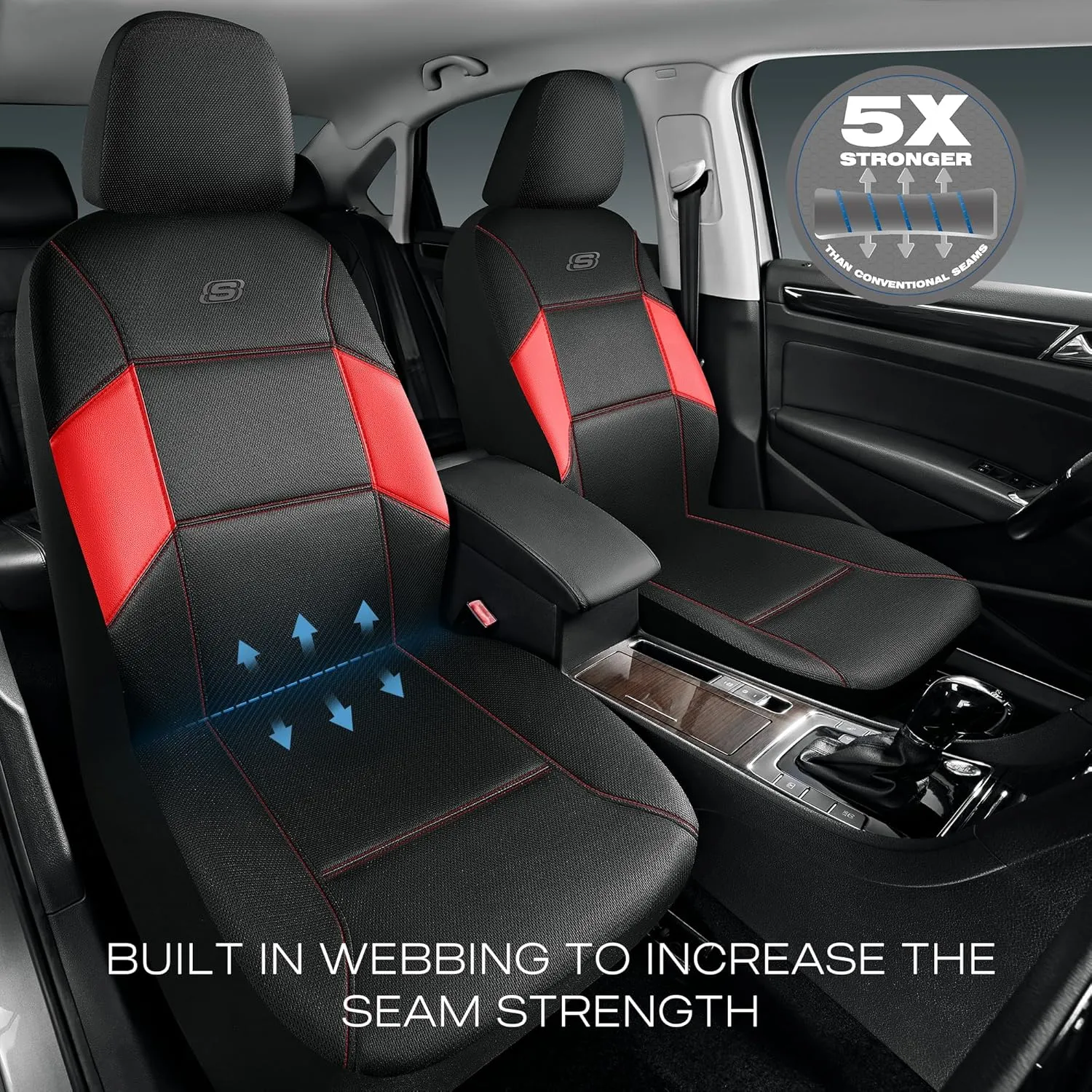 Skechers Work Car Seat Covers, 5-Times Stronger Built-in Webbing Seat Cover Full Set, Mesh Fabric Seat Cover for Car, Airbag Compatible, Automotive Comfort for Most Cars, Trucks, SUVs (Red,Full Set)