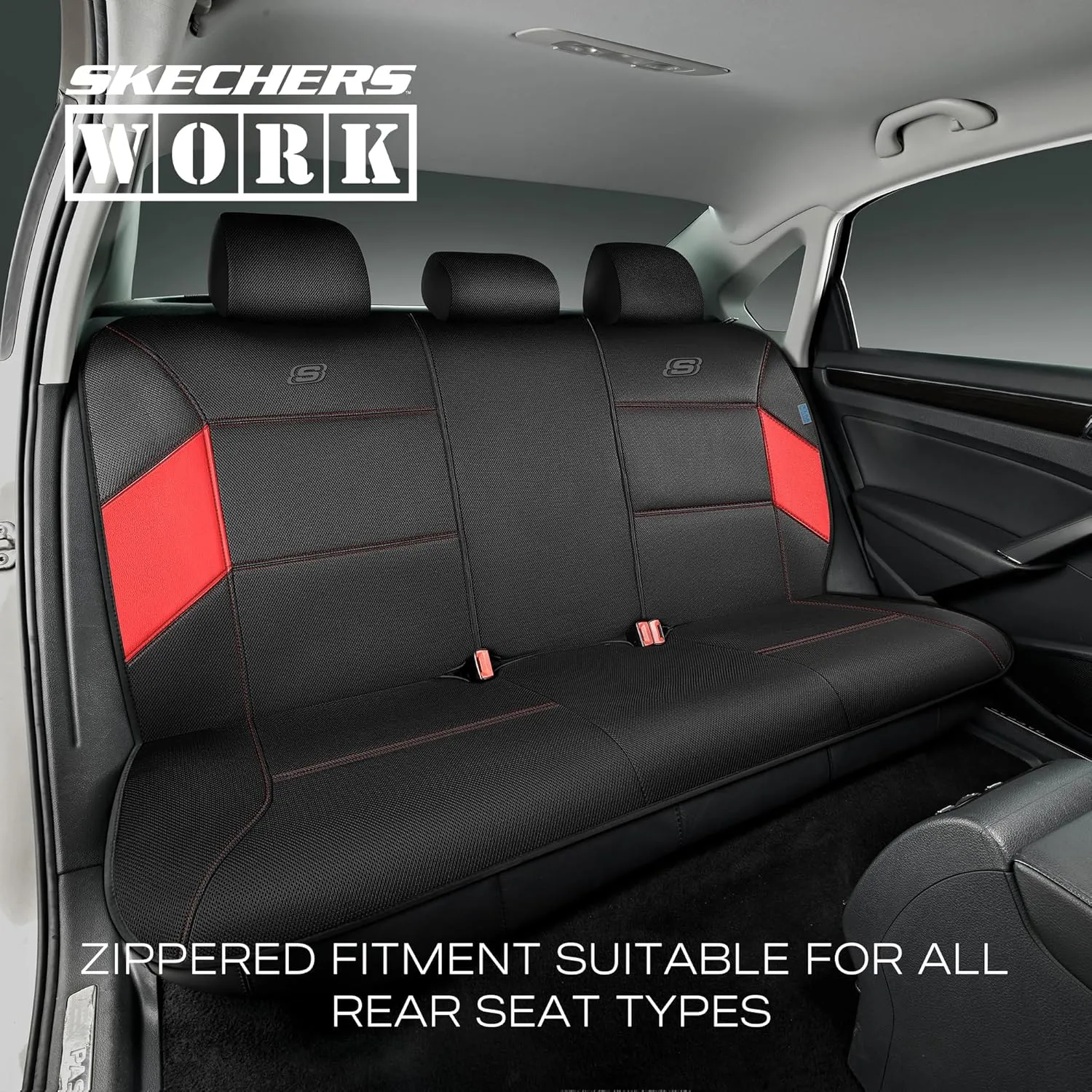 Skechers Work Car Seat Covers, 5-Times Stronger Built-in Webbing Seat Cover Full Set, Mesh Fabric Seat Cover for Car, Airbag Compatible, Automotive Comfort for Most Cars, Trucks, SUVs (Red,Full Set)