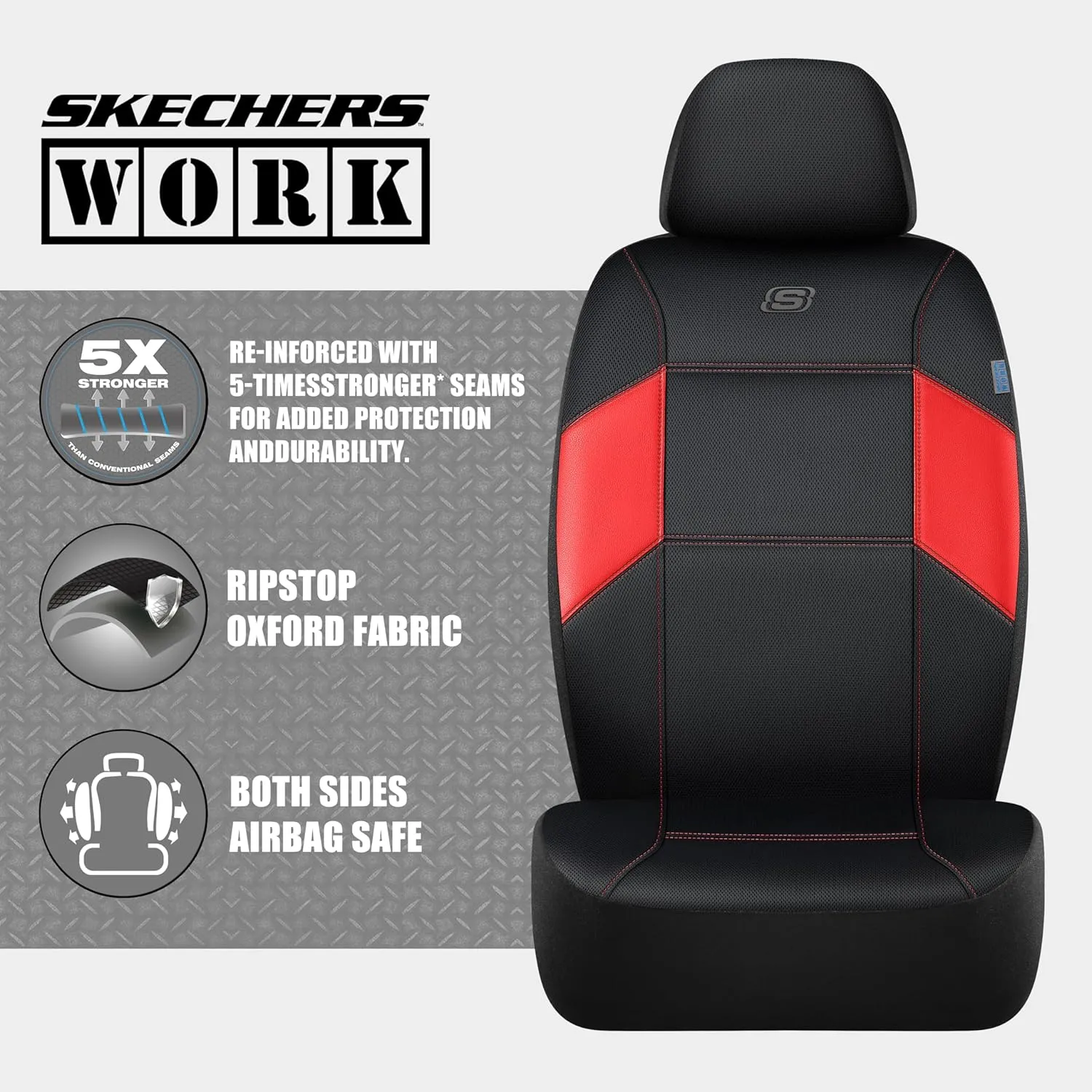 Skechers Work Car Seat Covers, 5-Times Stronger Built-in Webbing Seat Cover Full Set, Mesh Fabric Seat Cover for Car, Airbag Compatible, Automotive Comfort for Most Cars, Trucks, SUVs (Red,Full Set)