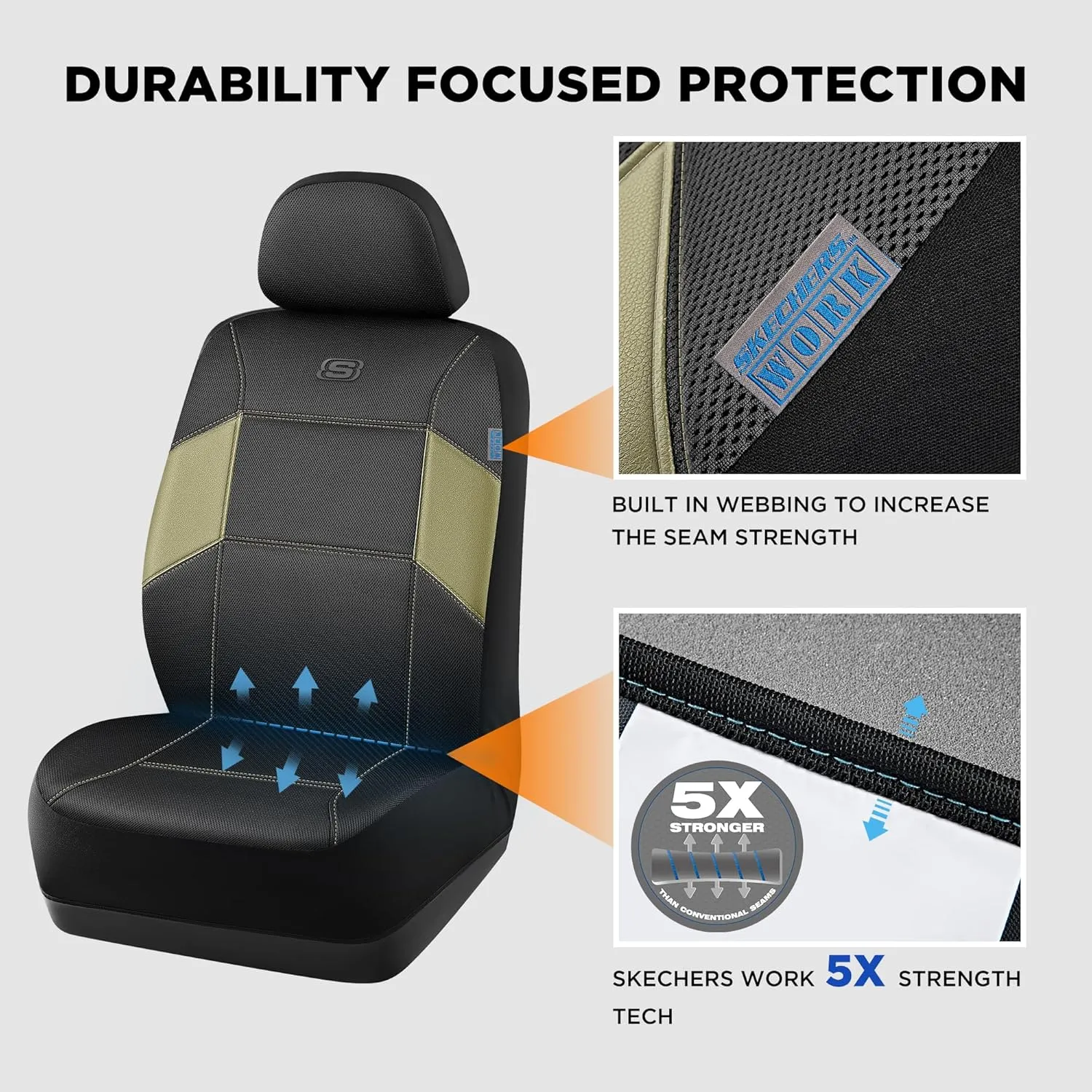 Skechers Work Car Seat Covers, Leather Seat Covers, 5-Times Stronger Built-in Webbing, Mesh Fabric Seat Cover for Cars, Airbag Compatible, Automotive Comfort for Cars, Trucks, SUVs (Beige,Two Front)