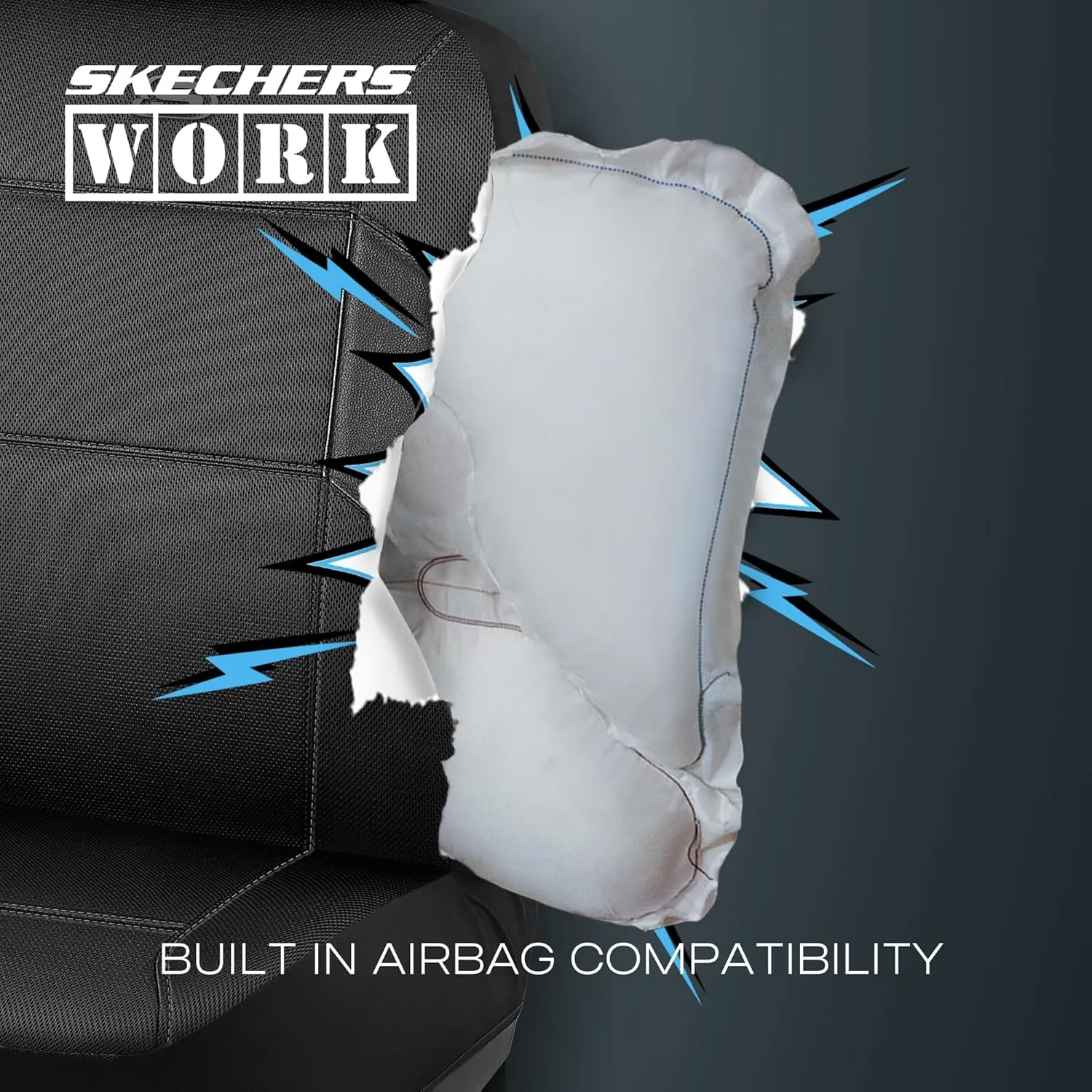 Skechers Work Car Seat Covers, Leather Seat Covers, 5-Times Stronger Built-in Webbing, Mesh Fabric Seat Cover for Cars, Airbag Compatible, Automotive Comfort for Cars, Trucks, SUVs(Black,Two Front)